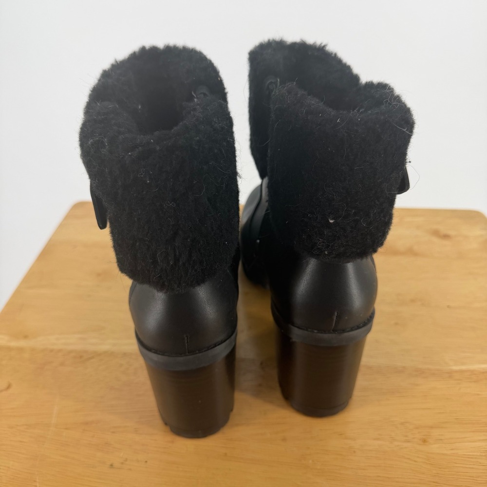 UGG Ankle Boots Womens 9 Black Leather Fur Trim Lug Block Heel Moto Core - Picture 5 of 7